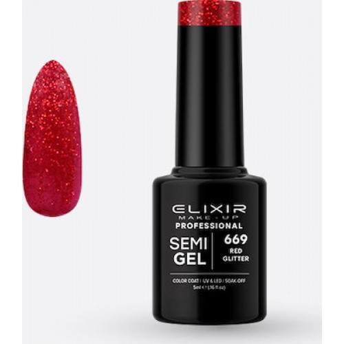 Elixir Make-Up Semi Gel Ημιμόνιμο Βερνίκι Νυχιών 669 Red Glitter 5ml