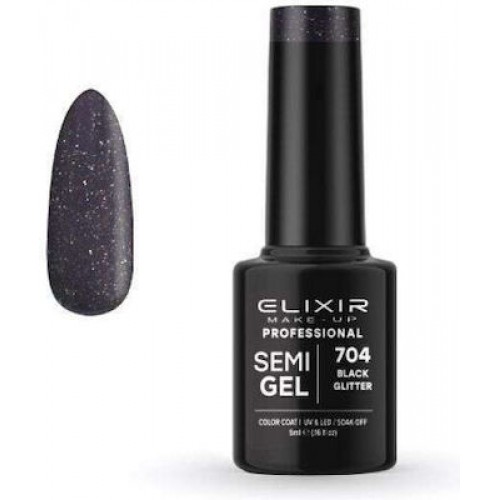 Elixir Make - Up Ημιμόνιμο Βερνίκι Νυχιών Semi Gel 704 Black Glitter 5ml