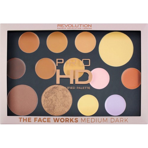 Revolution Beauty Pro HD Palette Face Works Medium/Dark Finish Powder, Concealer & Baked Highliter